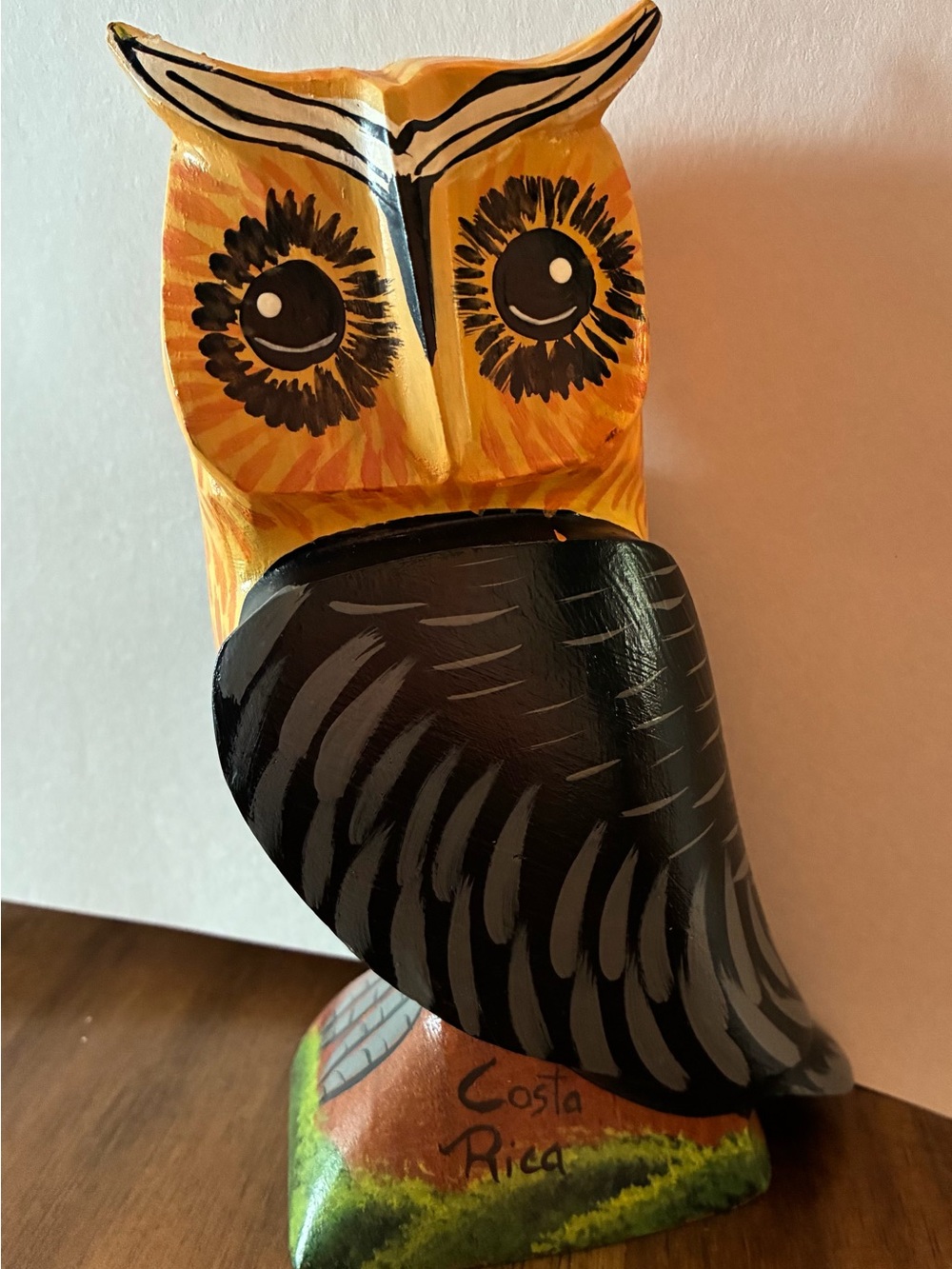 Hand-Painted Yellow & Black Wooden Owl Figurine Decorative Accent